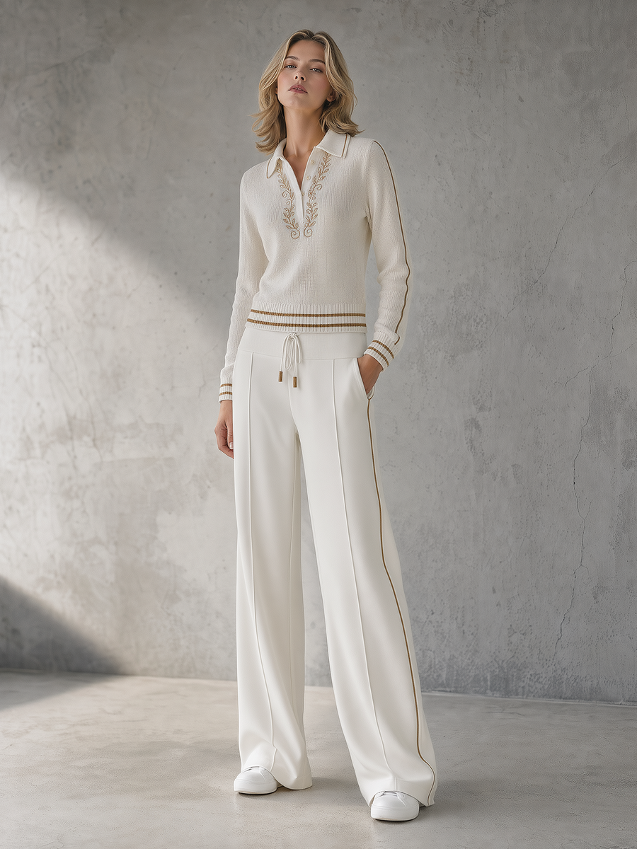 Off-White Embroidered Knit Polo & Wide-Leg Pants Set