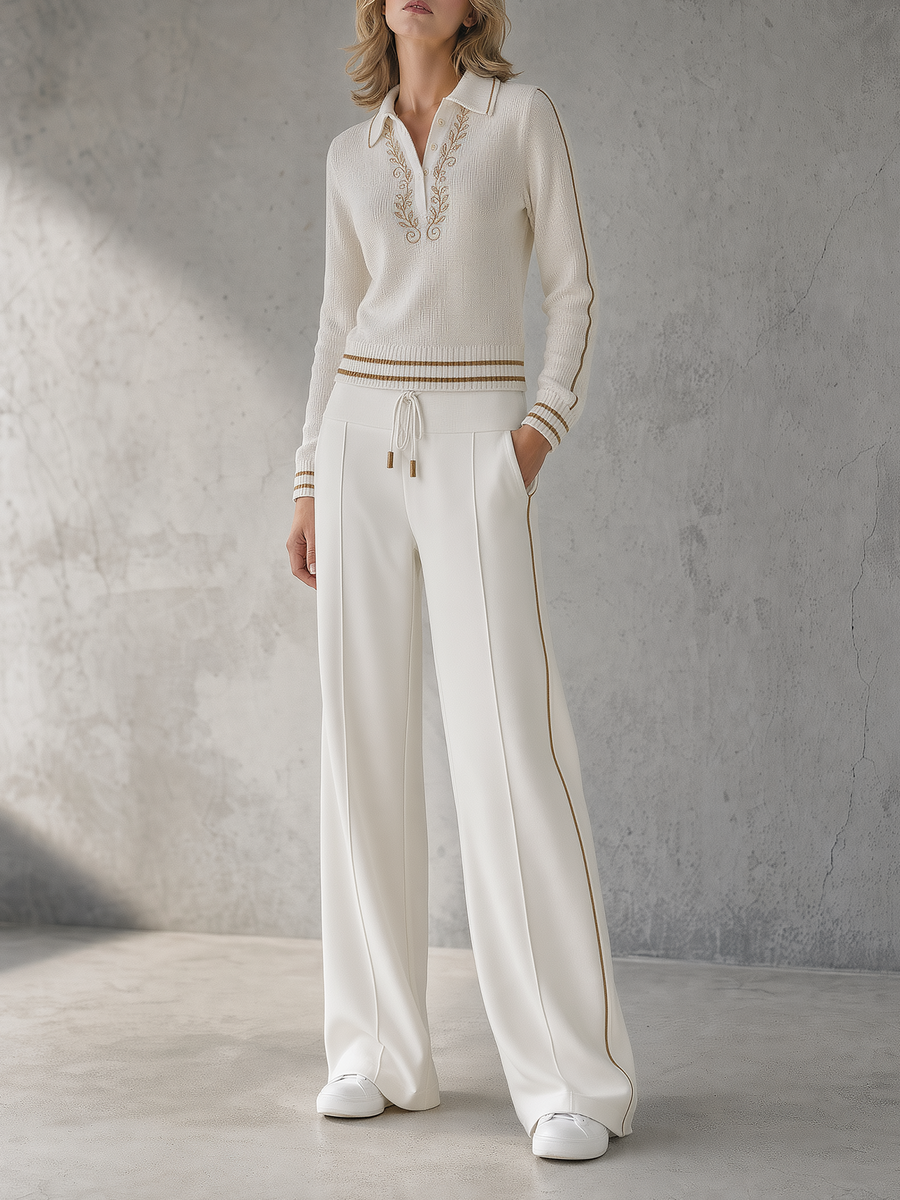 Off-White Embroidered Knit Polo & Wide-Leg Pants Set