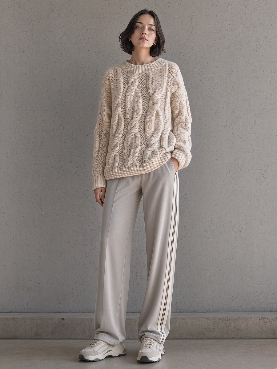 Cream Cable Knit Sweater & Grey Side Stripe Wide-Leg Pants Set