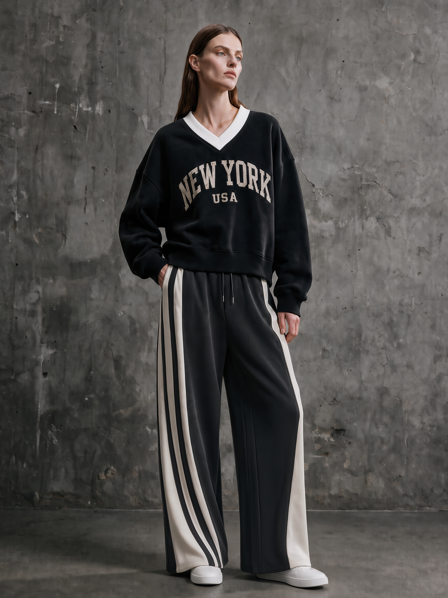 Striped Ribbed Knit Top & Black Pinstripe Wide-Leg Pants Set