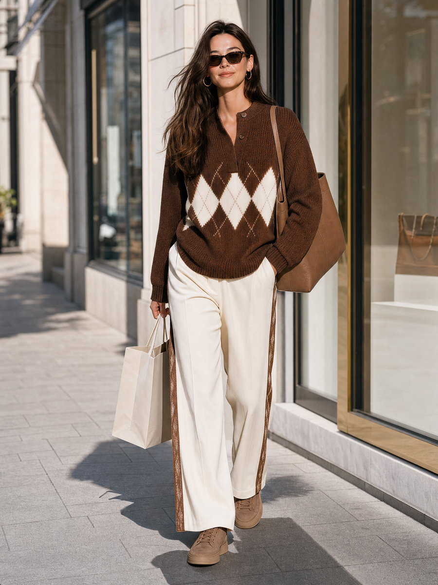 Brown‑White Argyle Henley Knit Top Side‑Tape Off‑White Wide Leg Pants Set