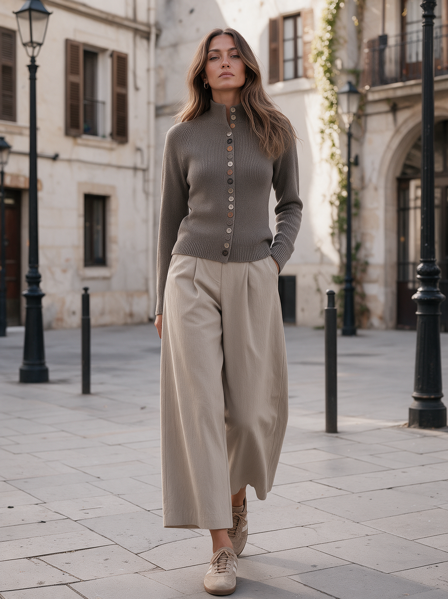 Grey Button-Front Knit Cardigan & Beige Wide-Leg Pants Set