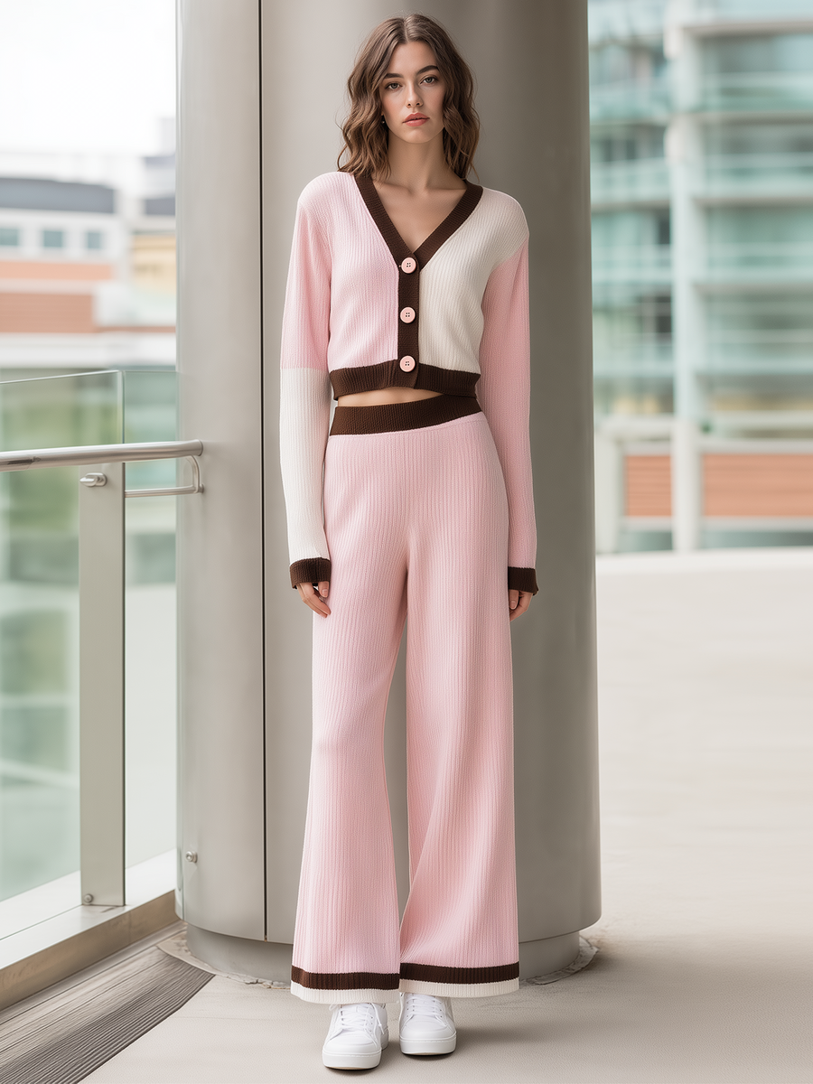 Pink White Brown Color‑Block Cropped Cardigan Knit Flare Pants Set