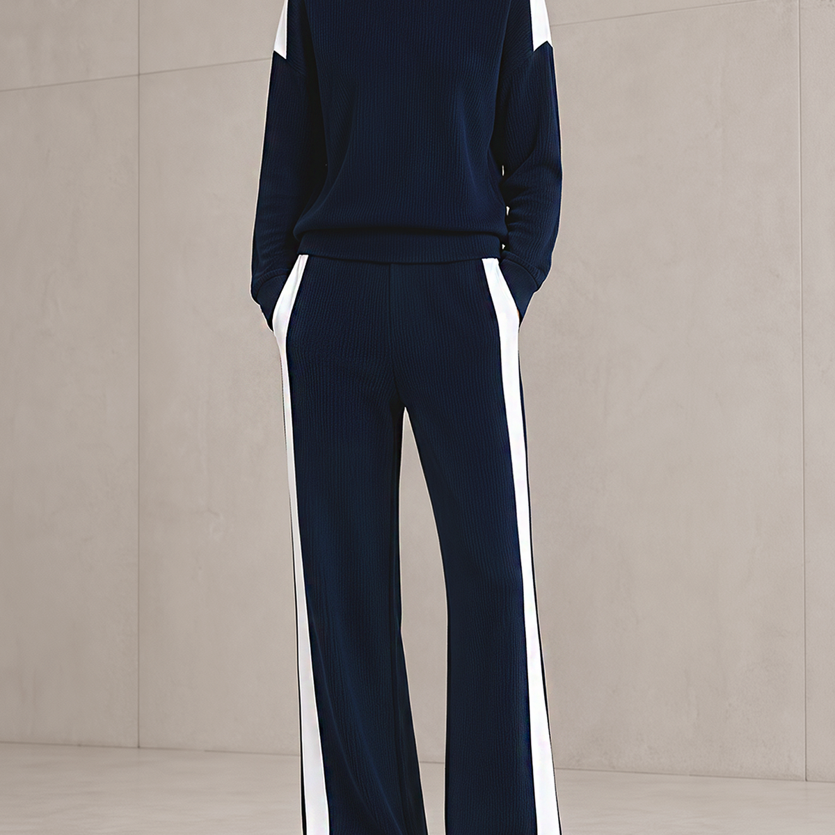 Navy & White Color‑Block Crew Neck Ribbed Knit Wide Leg Pants Set