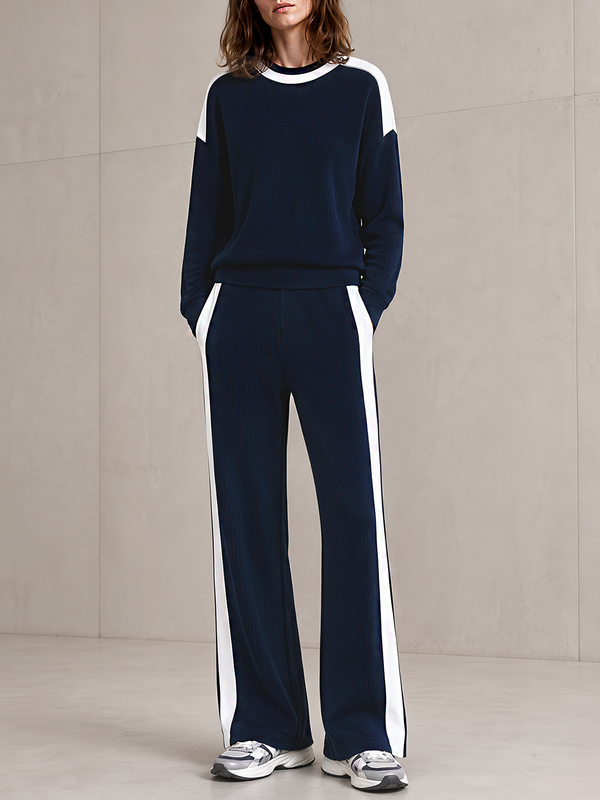 Navy & White Color‑Block Crew Neck Ribbed Knit Wide Leg Pants Set