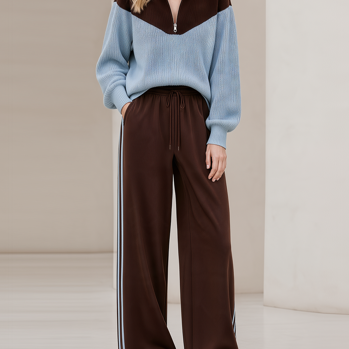 Brown‑Blue Color‑Block Half‑Zip Knit Top Wide Leg Pants Set