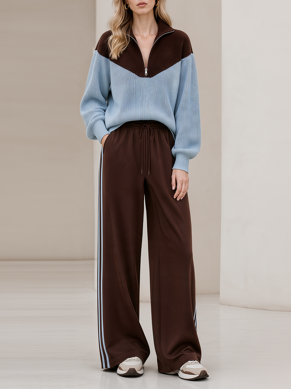 Brown‑Blue Color‑Block Half‑Zip Knit Top Wide Leg Pants Set