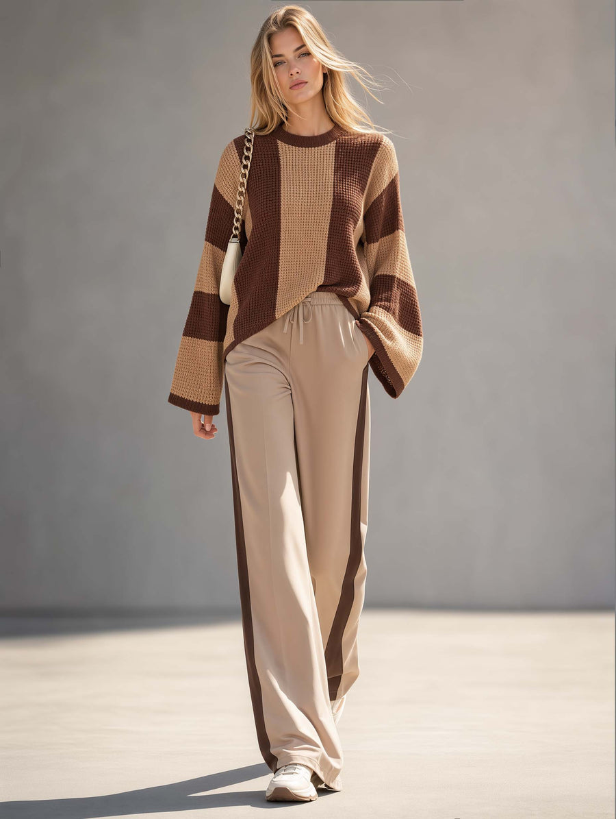 Stylish Brown Color-Block Flare-Sleeve Sweater And Wide-Leg Pants Set