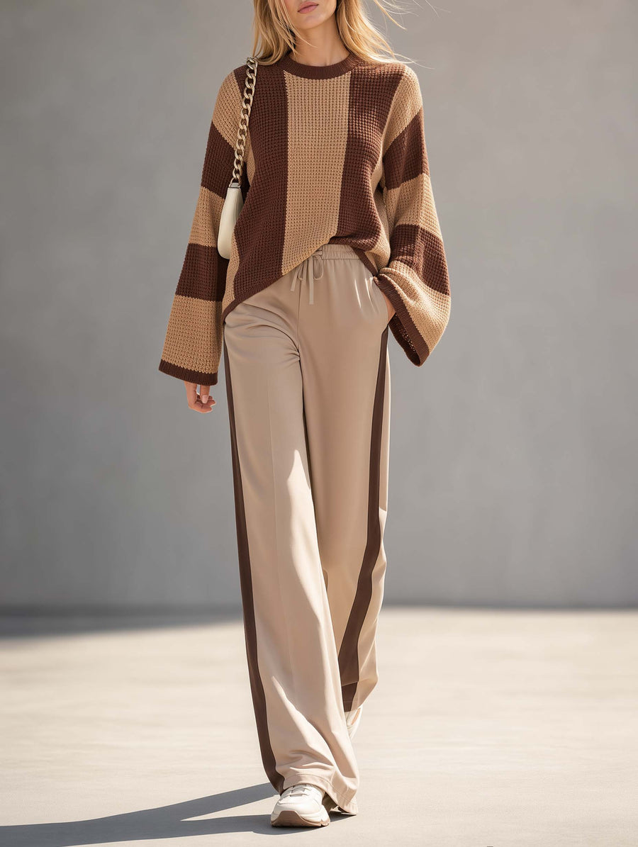 Stylish Brown Color-Block Flare-Sleeve Sweater And Wide-Leg Pants Set