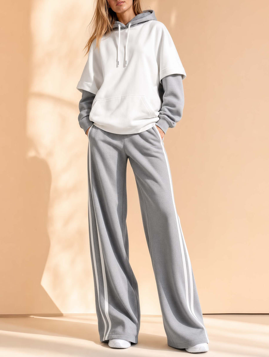 Casual Sporty White And Grey Color-block Faux-layered Hooded Top And Pants Set