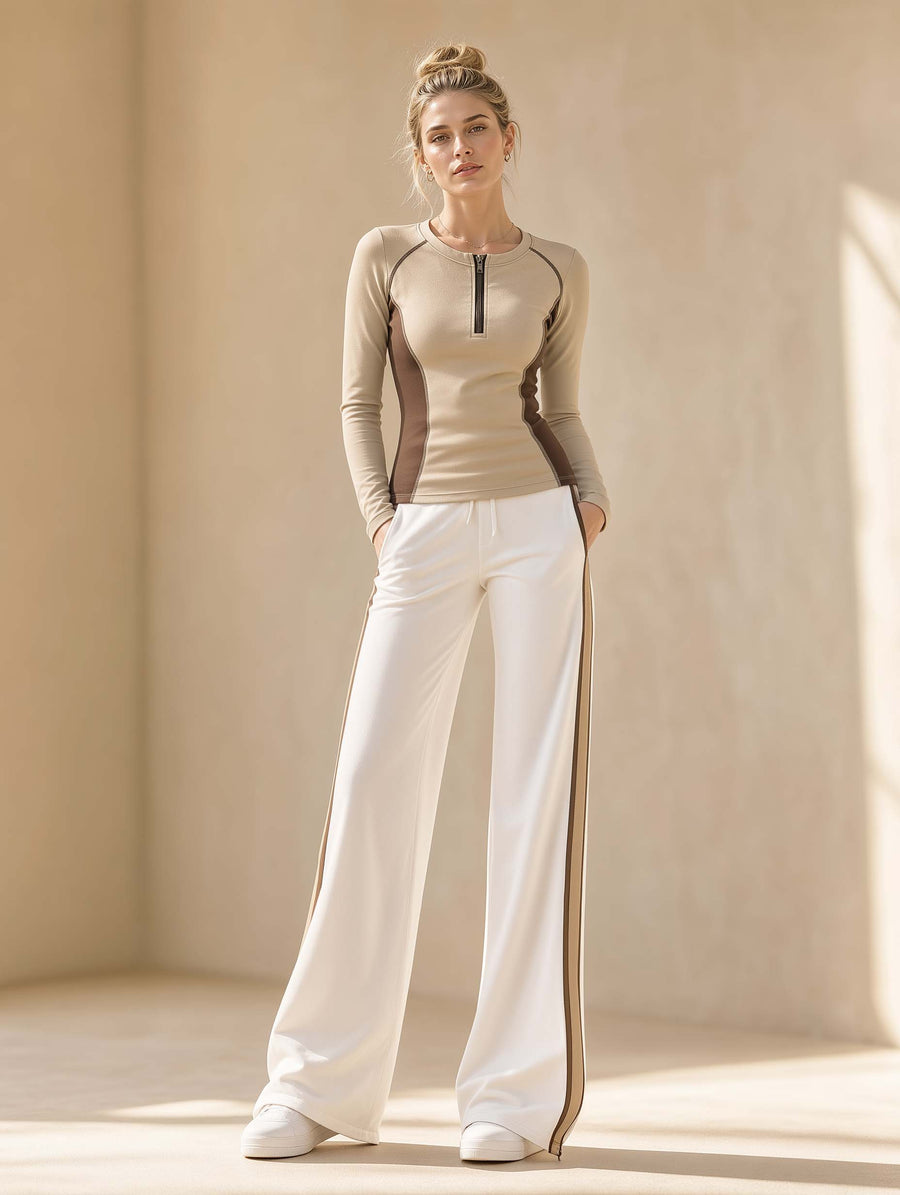 Stylish Set Featuring A Khaki Slim-fit, Long-sleeved, Half-zip Top And White Trousers