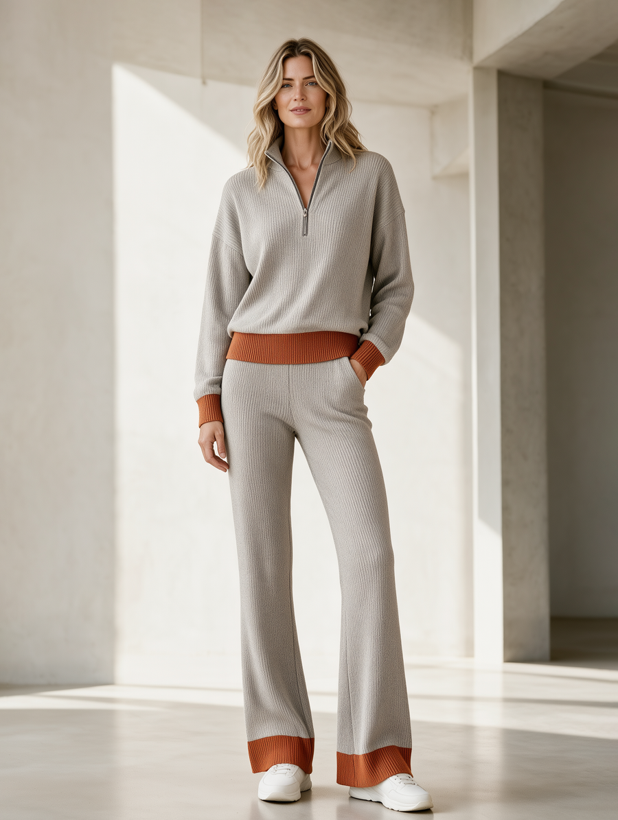 Light Grey Ribbed Knit Top And Slight-flare Trouser Set
