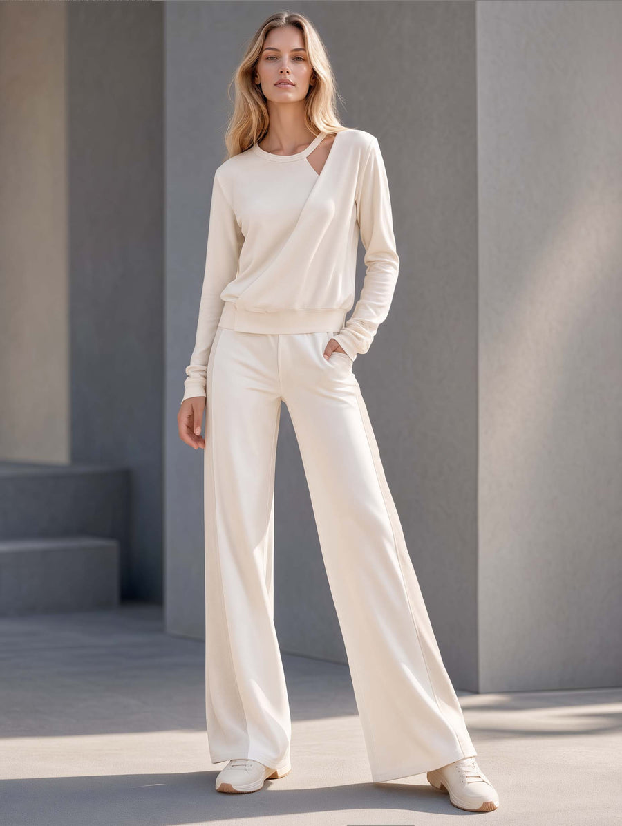 Stylish Casual White Color-Block Crew-Neck Long-Sleeve Top And Pants Set