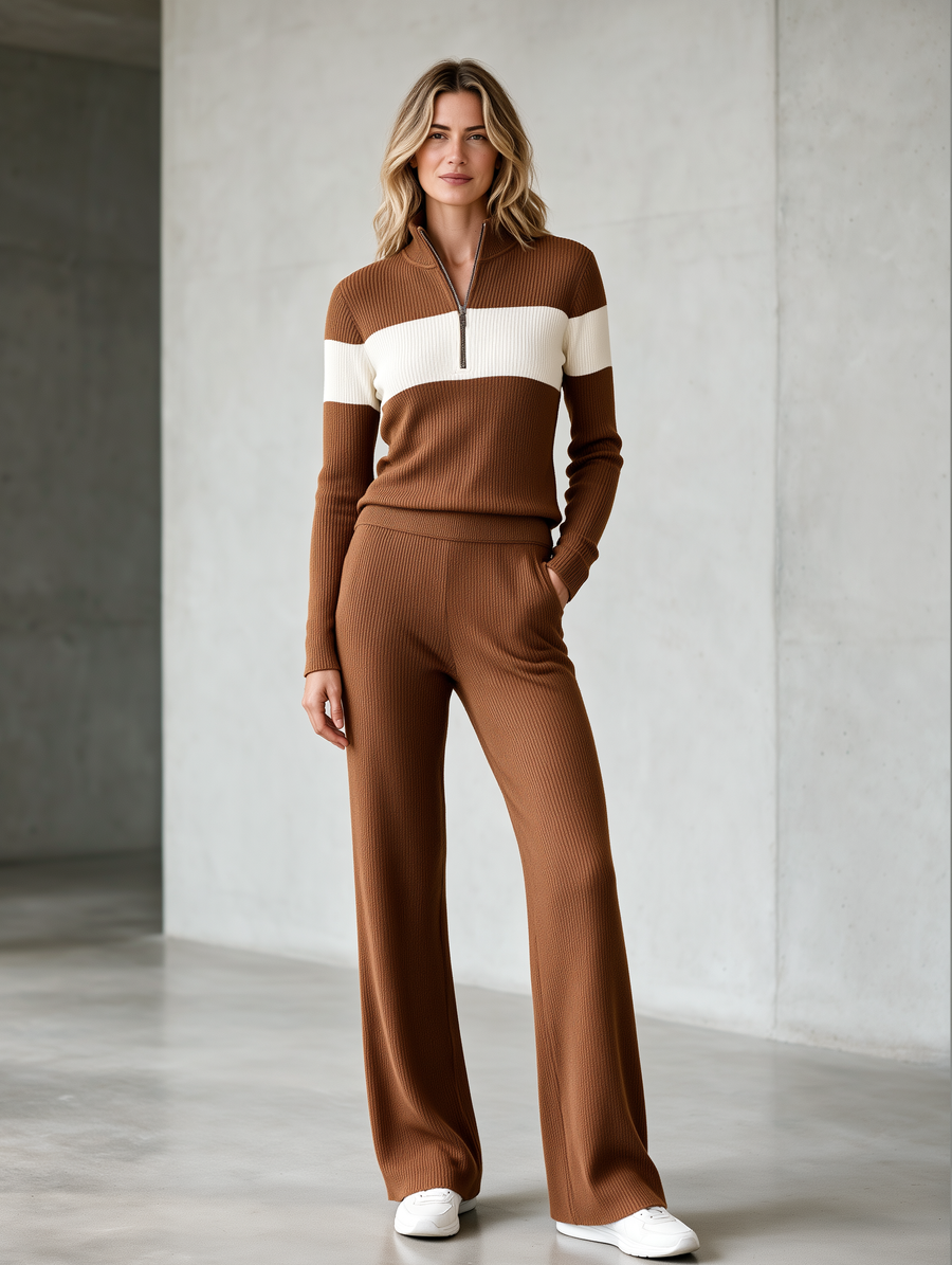 Brown Color-block Slim-fit Ribbed Knit Set With Half-zip