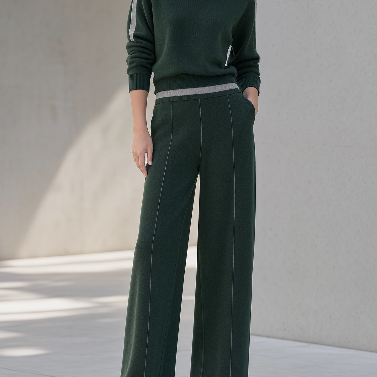 Dark Green High-neck Sweater And Wide-leg Trousers Set