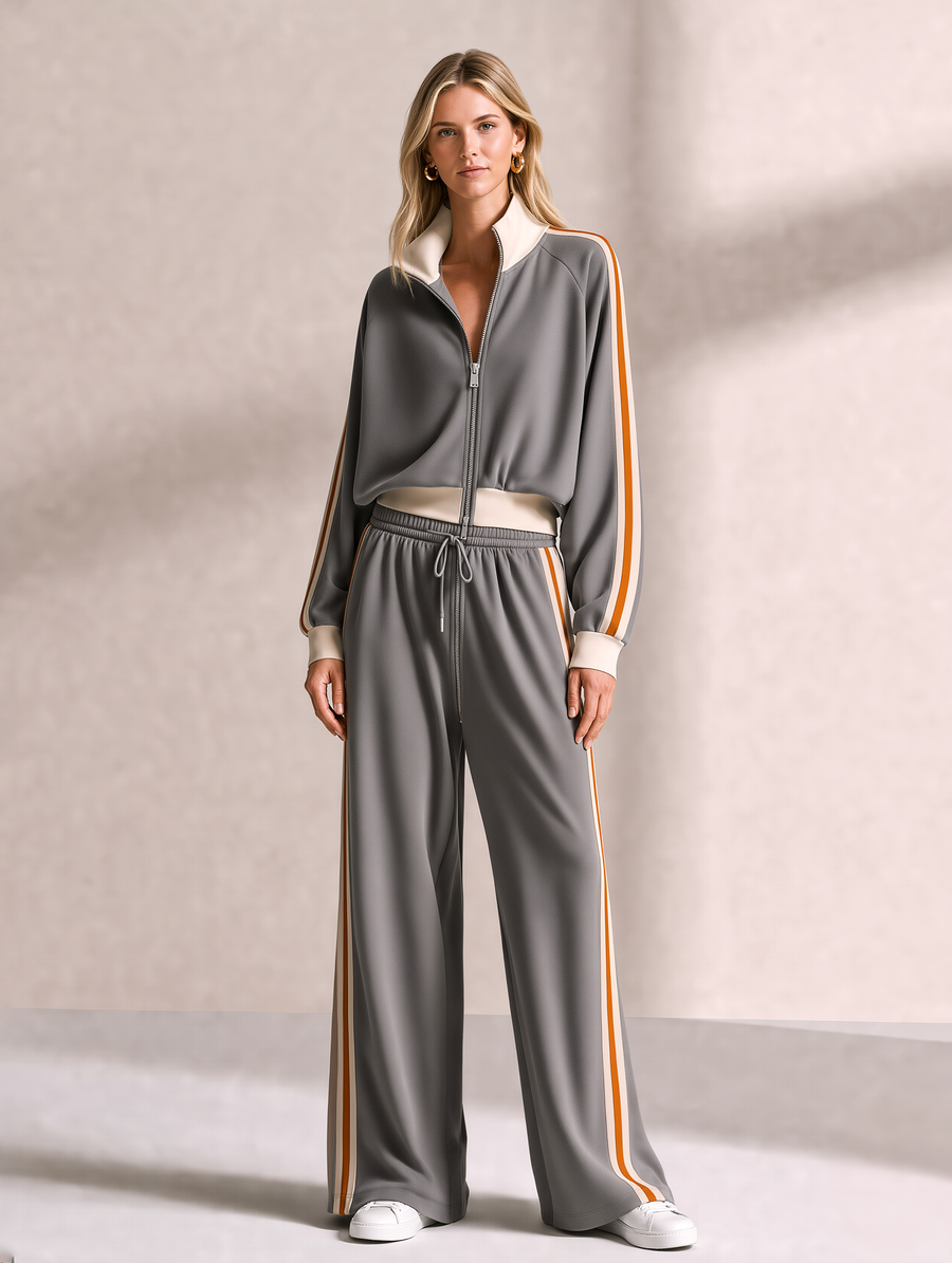 Grey Zip-up Jacket And Drawstring Wide-leg Trousers Set