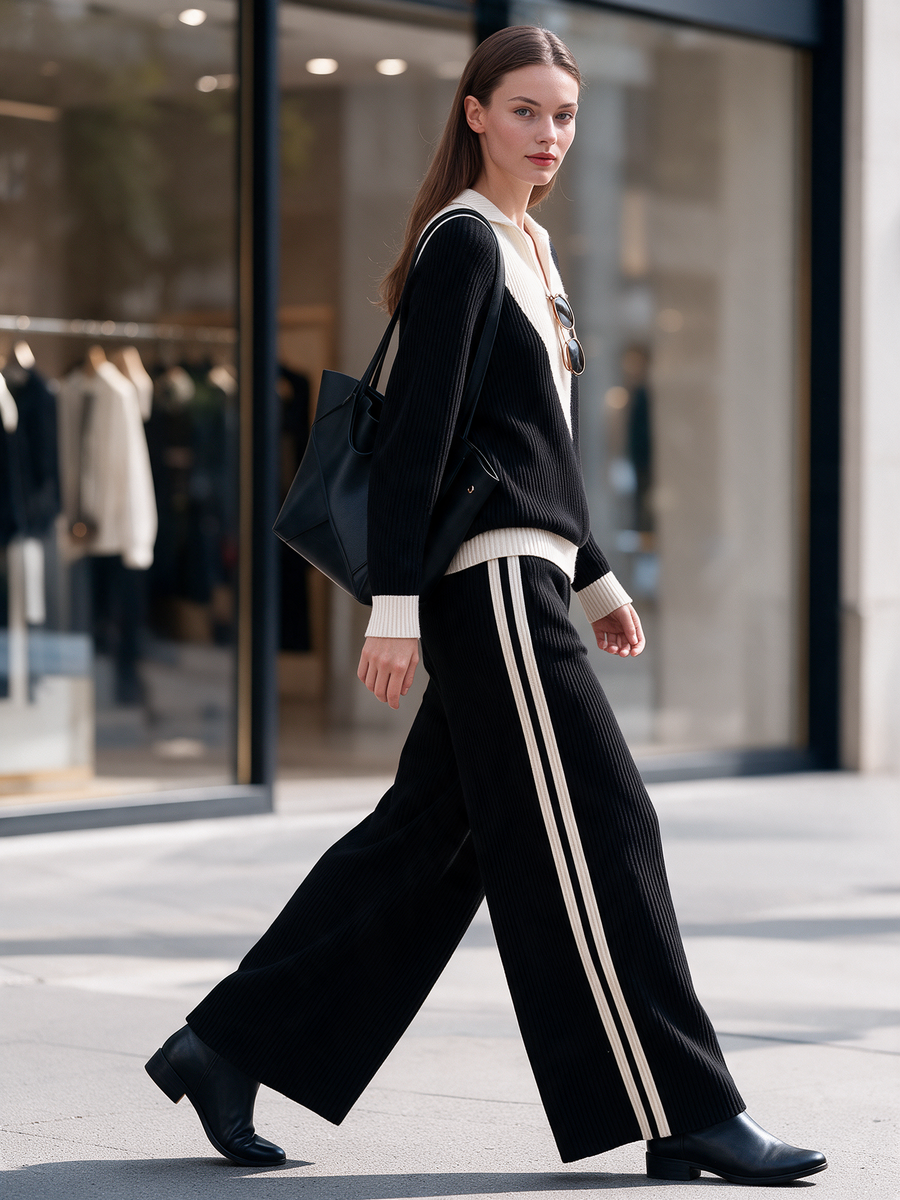 Black And Rice-white Color-block V-neck Knit Top And Wide-leg Trousers Set