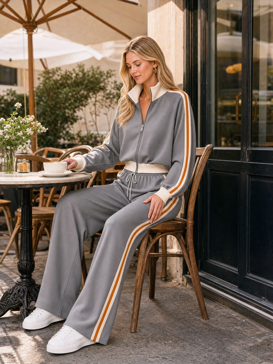 Grey Zip-up Jacket And Drawstring Wide-leg Trousers Set