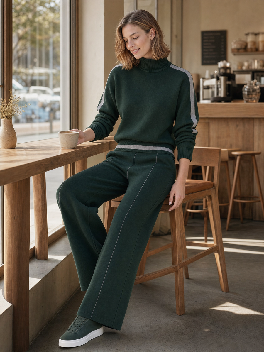 Dark Green High-neck Sweater And Wide-leg Trousers Set