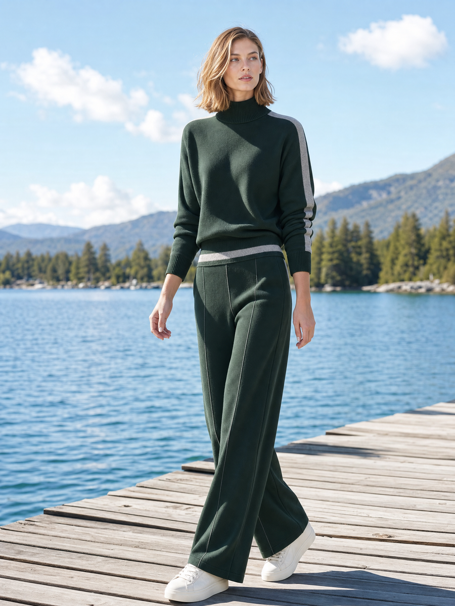 Dark Green High-neck Sweater And Wide-leg Trousers Set