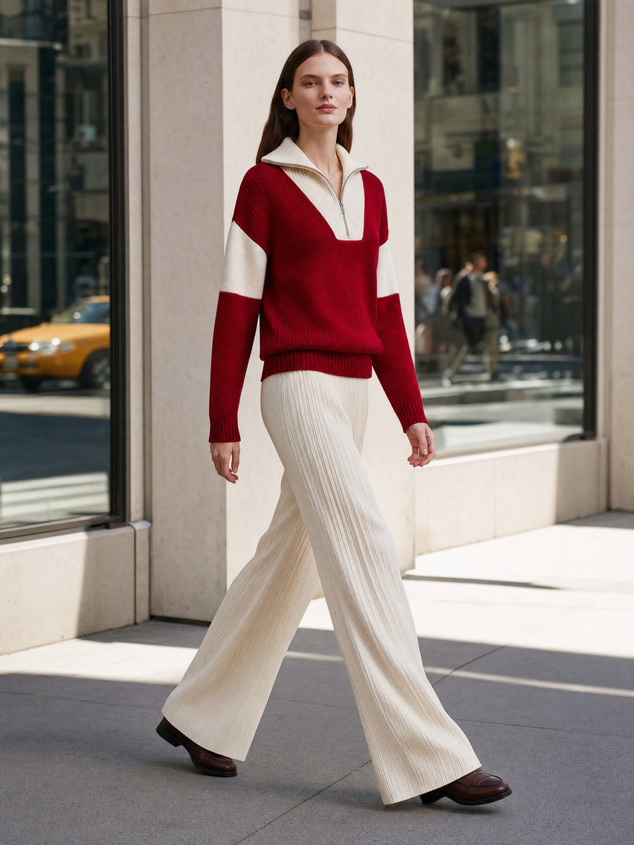 Cranberry Half-Zip Knit Sweater & Pleated Wide-Leg Pants Set