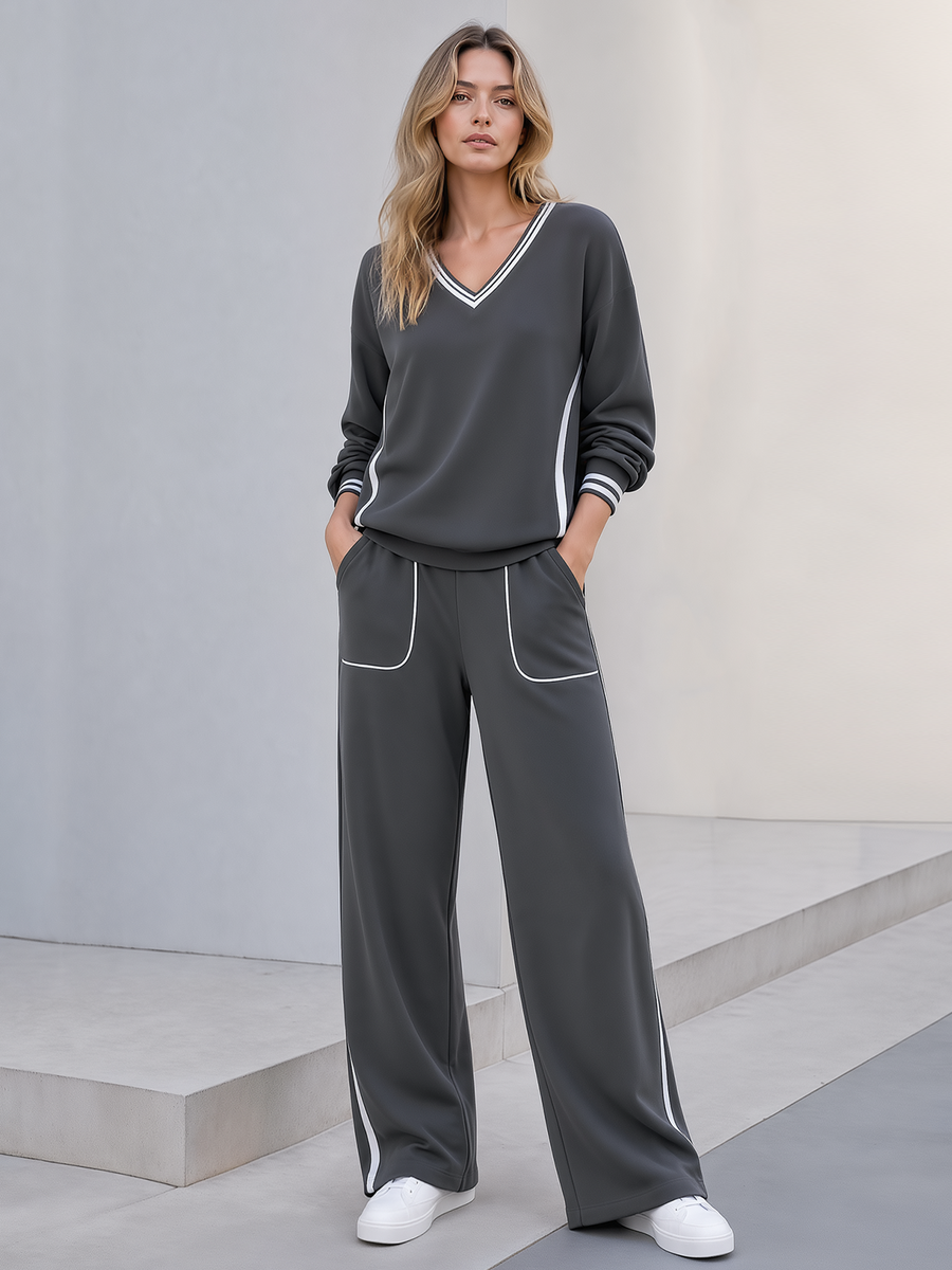 Grey V-neck Top With Contrasting Trim And Wide-leg Casual Trousers Set