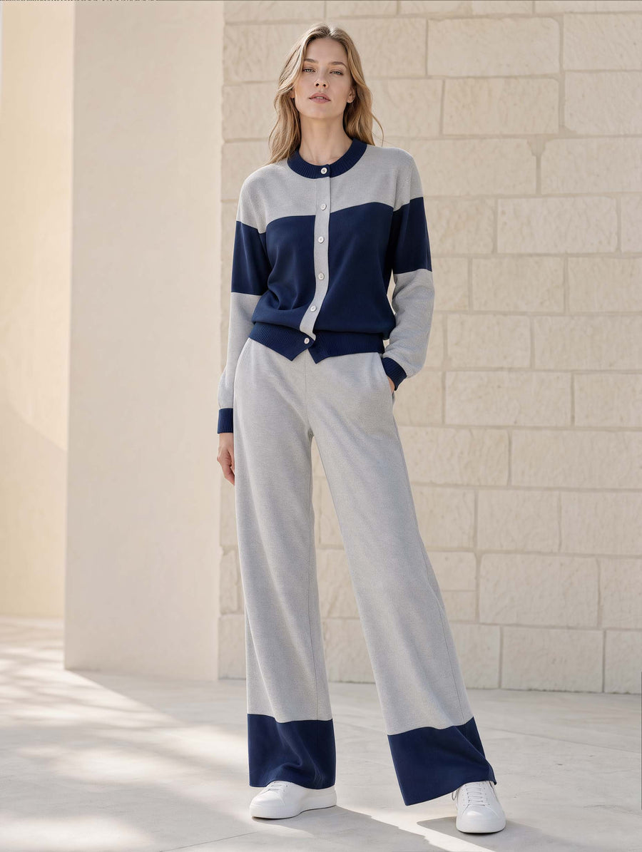 Navy And Grey Color-block Long-sleeve Crew-neck Cardigan And Trousers Set