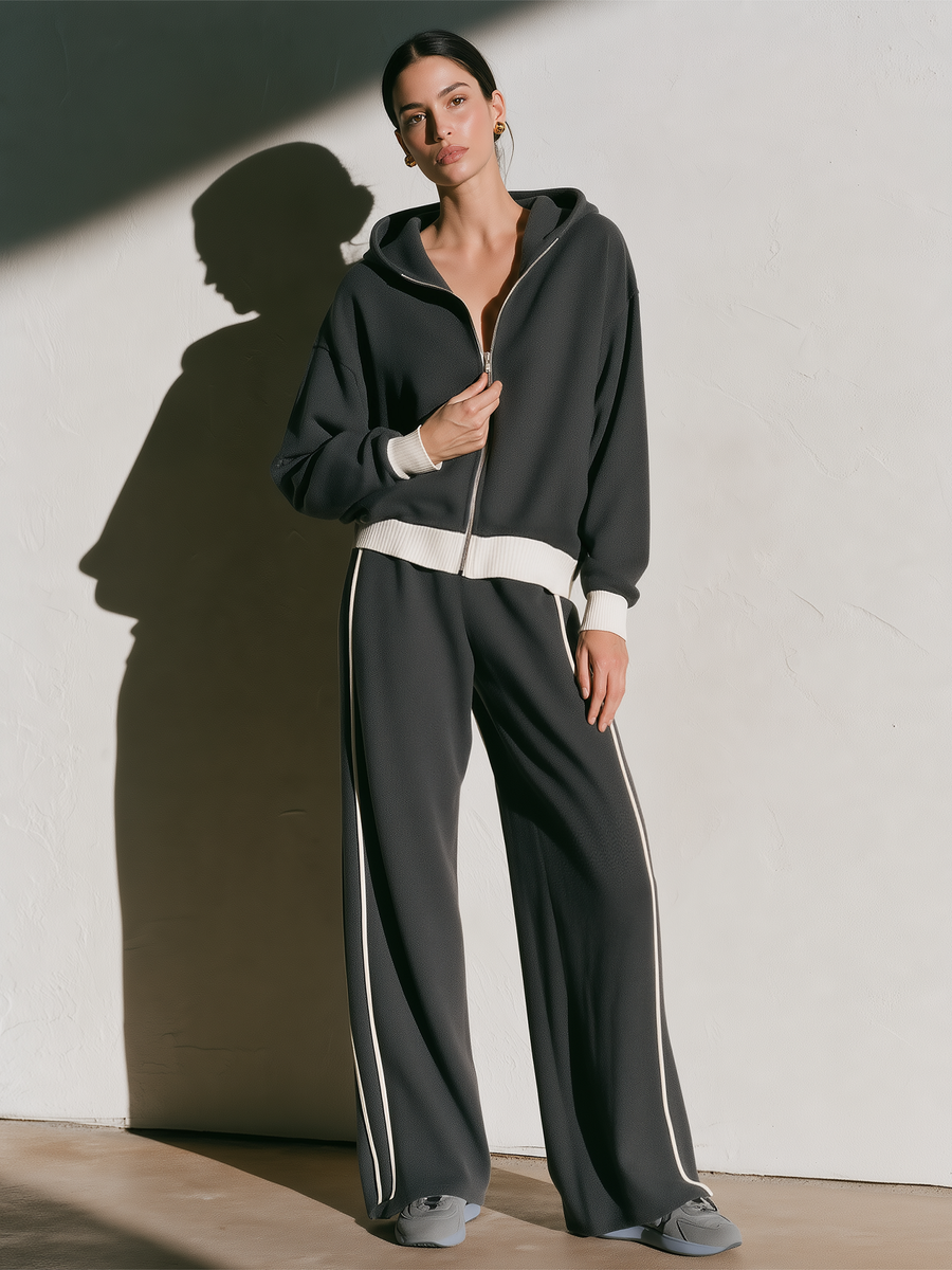 Dark Grey Cream Contrast Hooded Full‑Zip Wide Leg Sweat Set