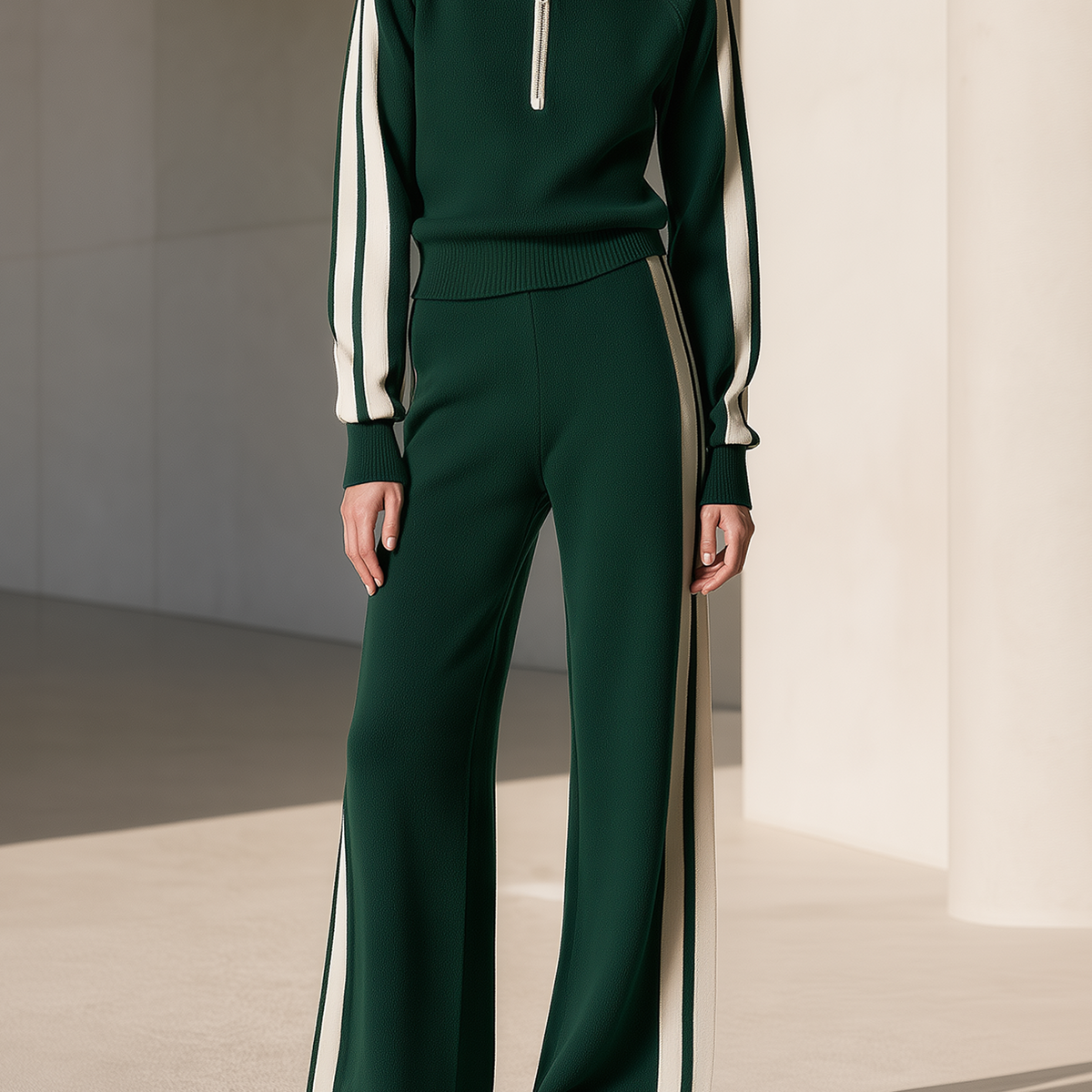Dark Green Cream Half‑Zip Stand Collar Knit Wide Leg Pants Set