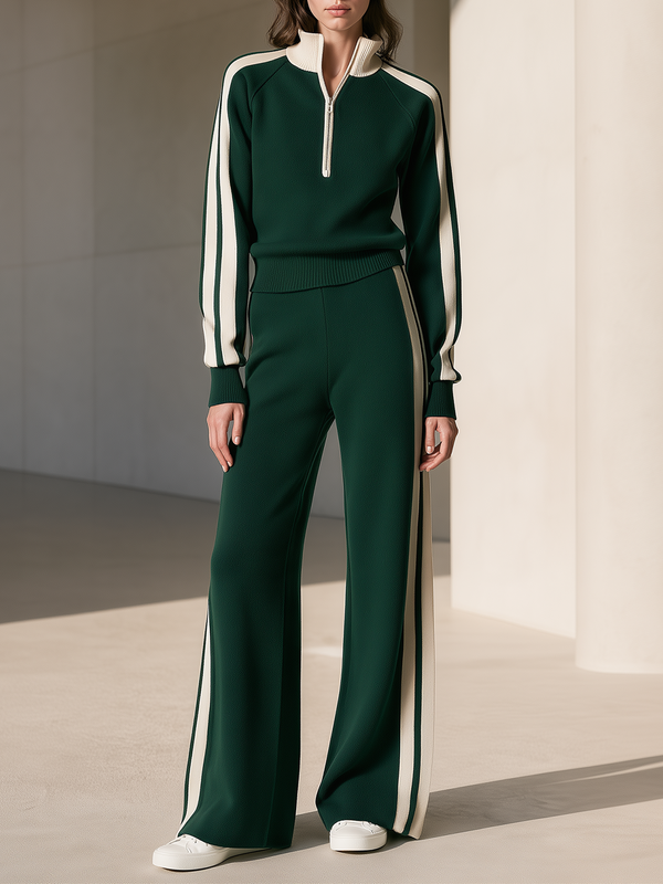 Dark Green Cream Half‑Zip Stand Collar Knit Wide Leg Pants Set
