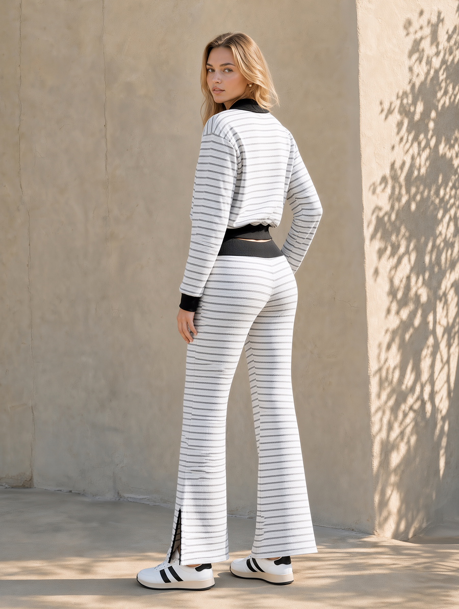 Striped Long Sleeve Collared Crop Top and Flare Pants Set