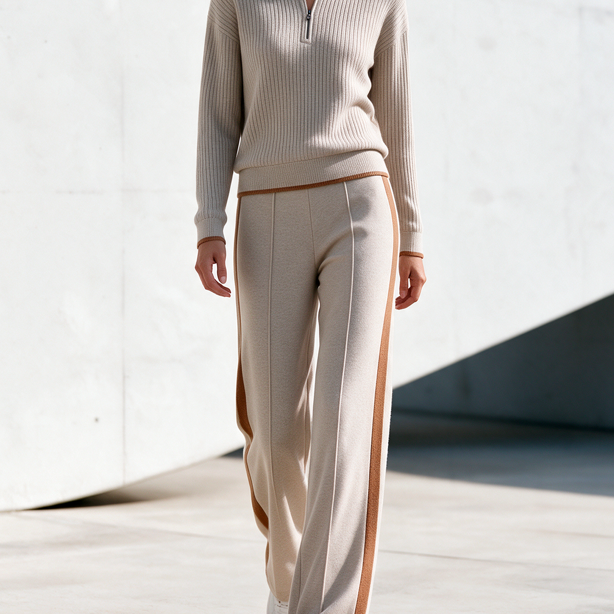Beige Half-zip Sweater And Knitted Wide-leg Pants Set