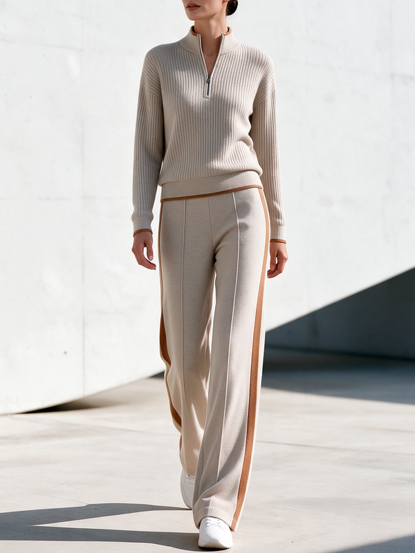 Beige Half-zip Sweater And Knitted Wide-leg Pants Set
