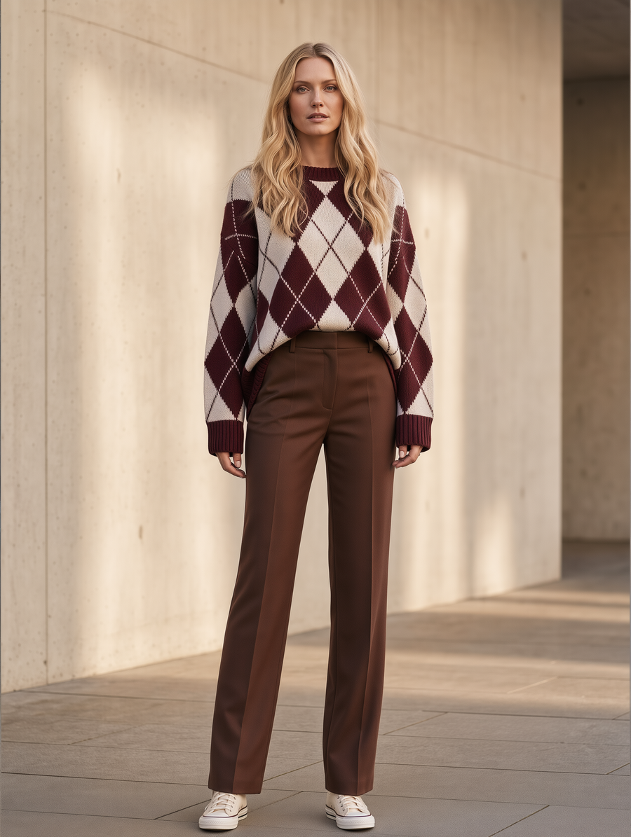 Burgundy Argyle Loose Sweater And Suit Trousers Set
