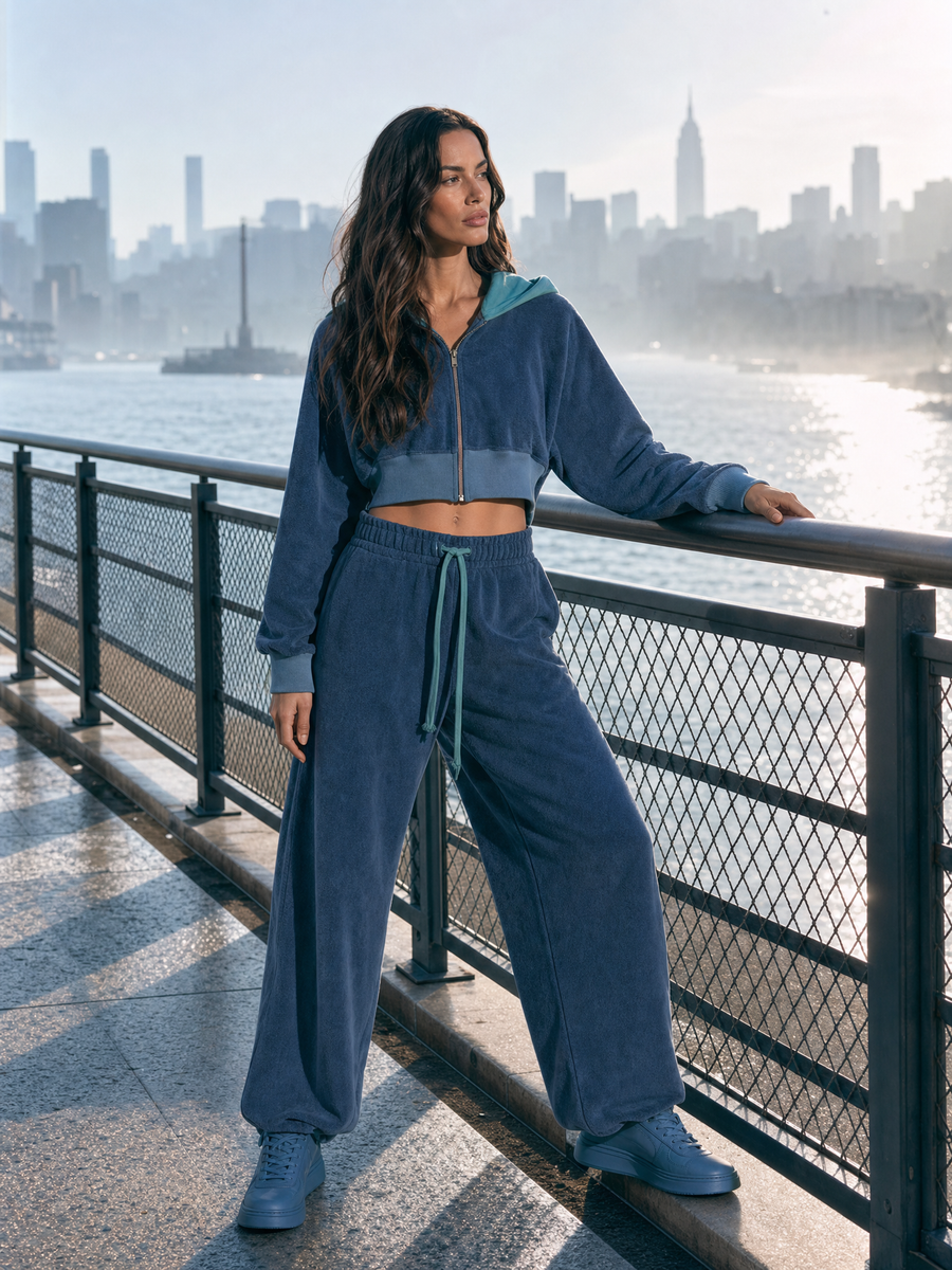Retro Color-Block Terry Zip-Up Hoodie And Casual Pants Set