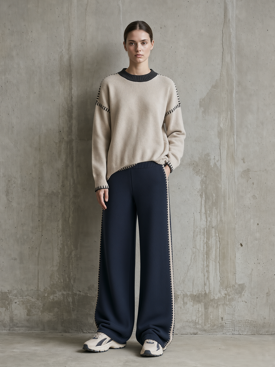 Beige Contrast-Stitch Oversized Sweater & Navy Wide-Leg Pants Set