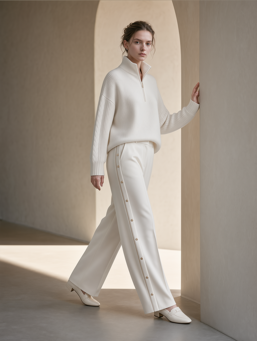 Ivory Half-Zip Cable Knit Sweater & White Snap-Side Wide-Leg Pants Set