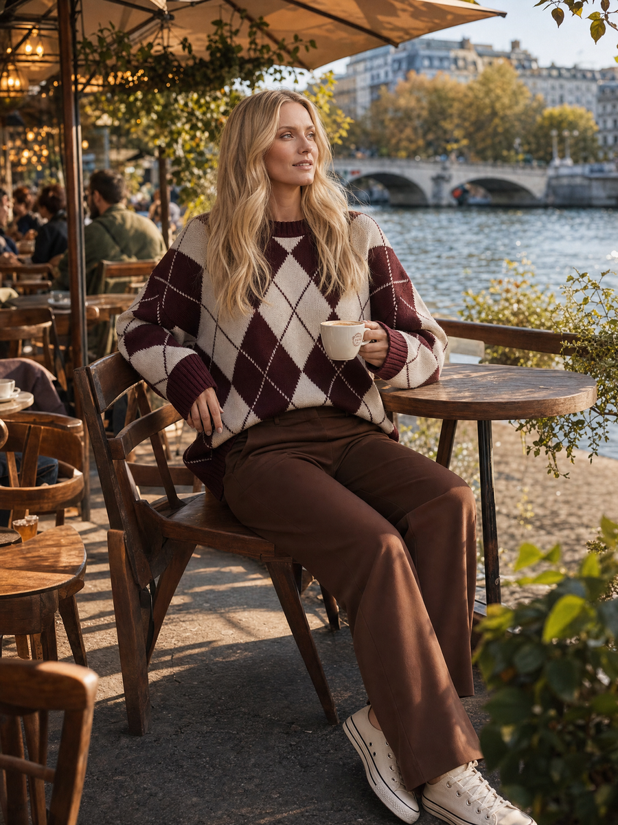 Burgundy Argyle Loose Sweater And Suit Trousers Set