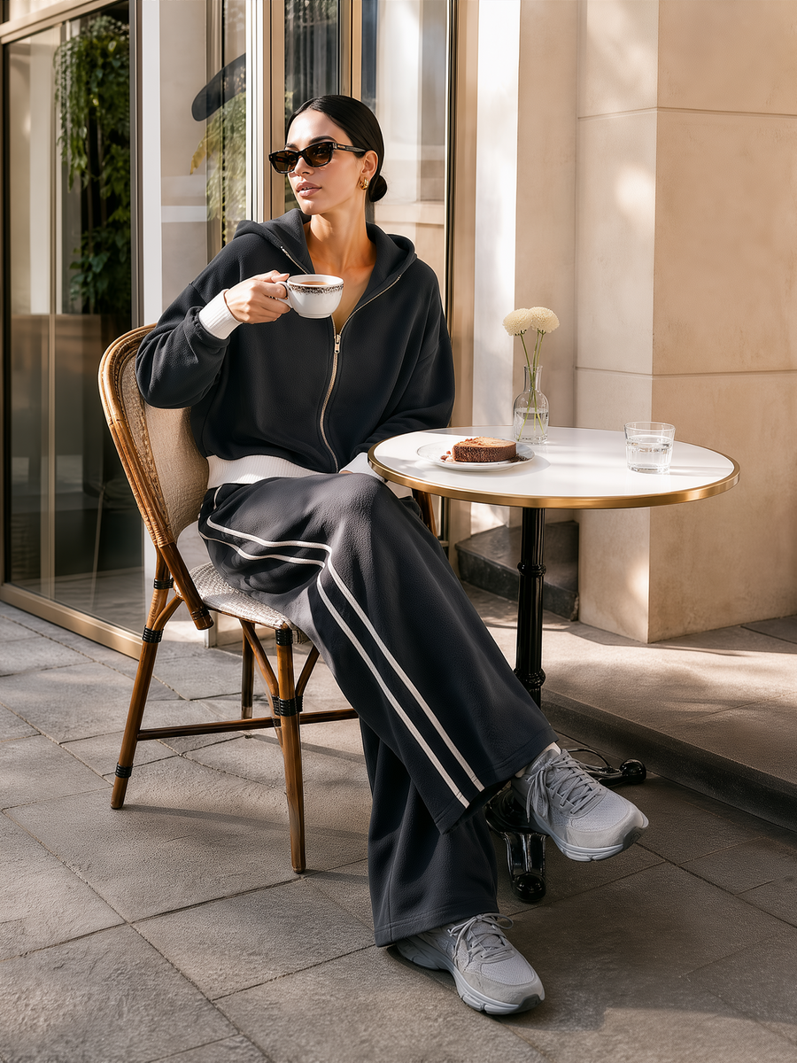 Dark Grey Cream Contrast Hooded Full‑Zip Wide Leg Sweat Set