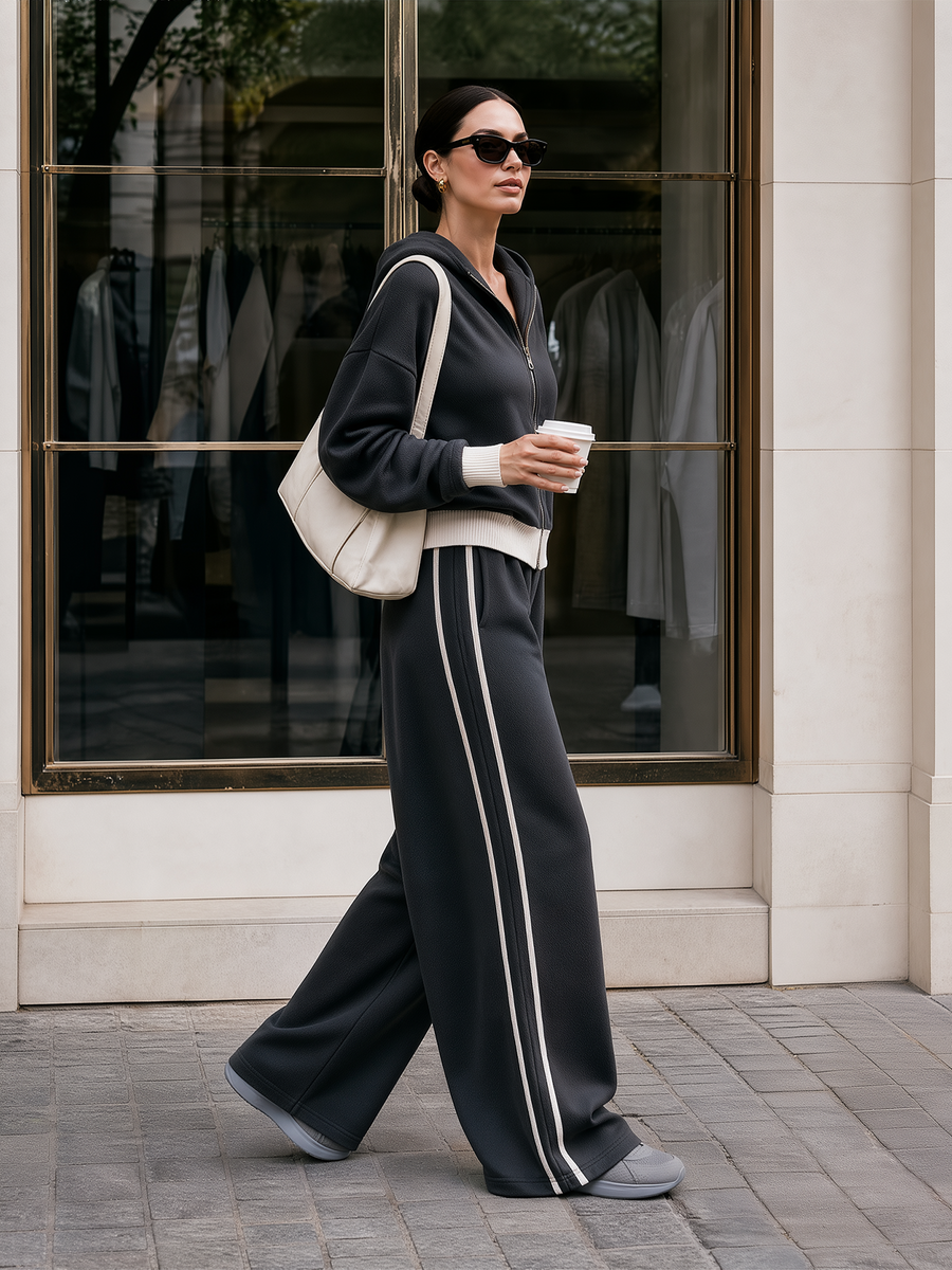 Dark Grey Cream Contrast Hooded Full‑Zip Wide Leg Sweat Set