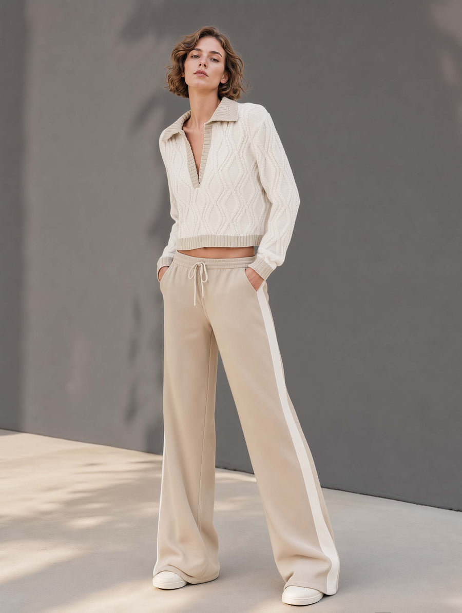 White Color-block V-neck Long-sleeve Sweater And Khaki Wide-leg Trousers Set