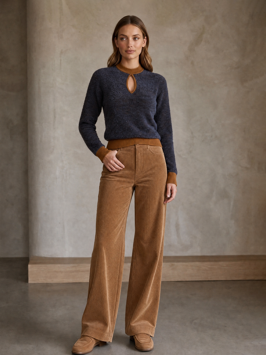 Cut-out Fuzzy Knit Sweater And Corduroy Pants Set