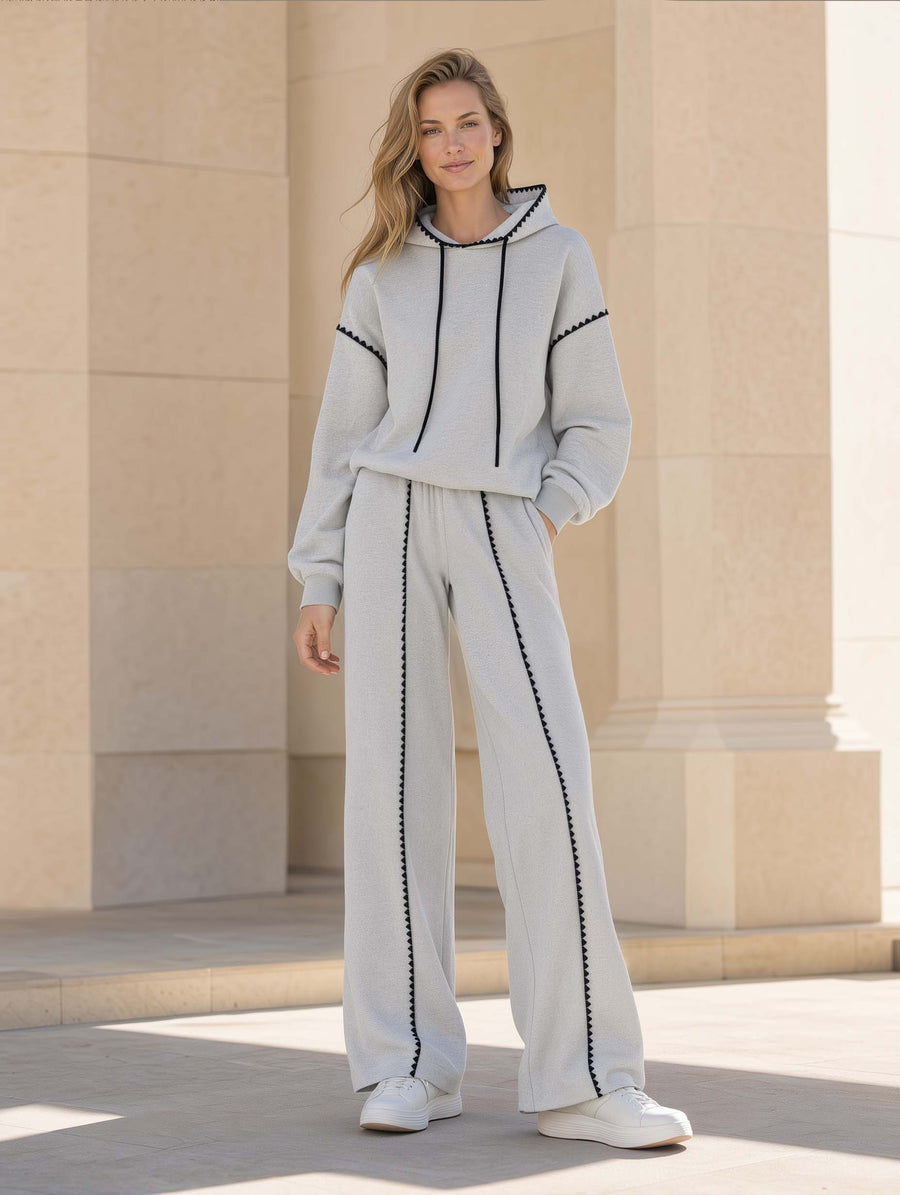 Grey Athleisure Set Featuring A Long-sleeve Hooded Sweatshirt And Wide-leg Trousers