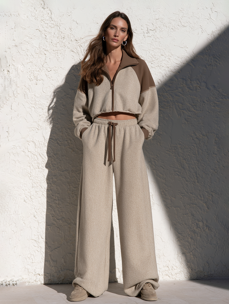 Retro Color-Block Half-Zip Sweatshirt And Wide-Leg Pants Set
