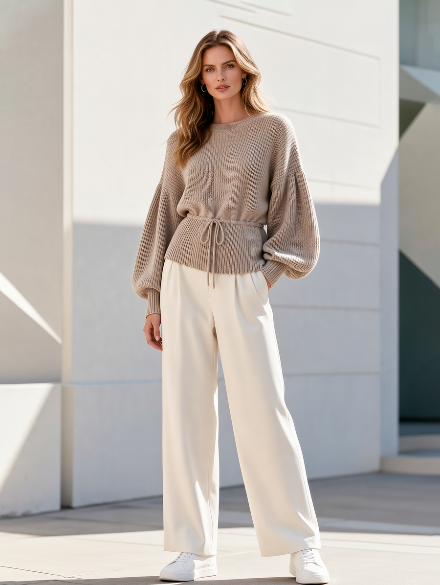Light Khaki Lantern-Sleeve Drawstring-Waist Sweater
