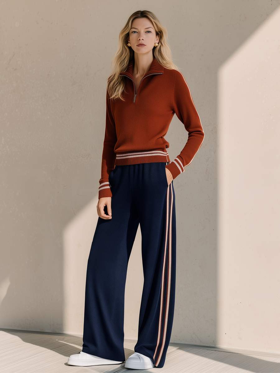 Rust Red Half-Zip Collared Knit Top Navy Side Stripe Wide Leg Pants Set