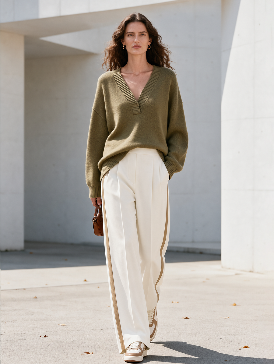 Olive Green V-neck Knit Sweater And Wide-leg Tailored Trousers Set