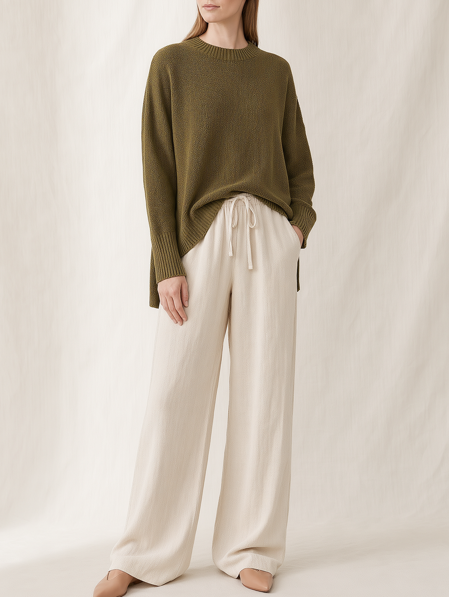 Olive Green Knitted Side-slit Sweater And Wide-leg Trousers Set