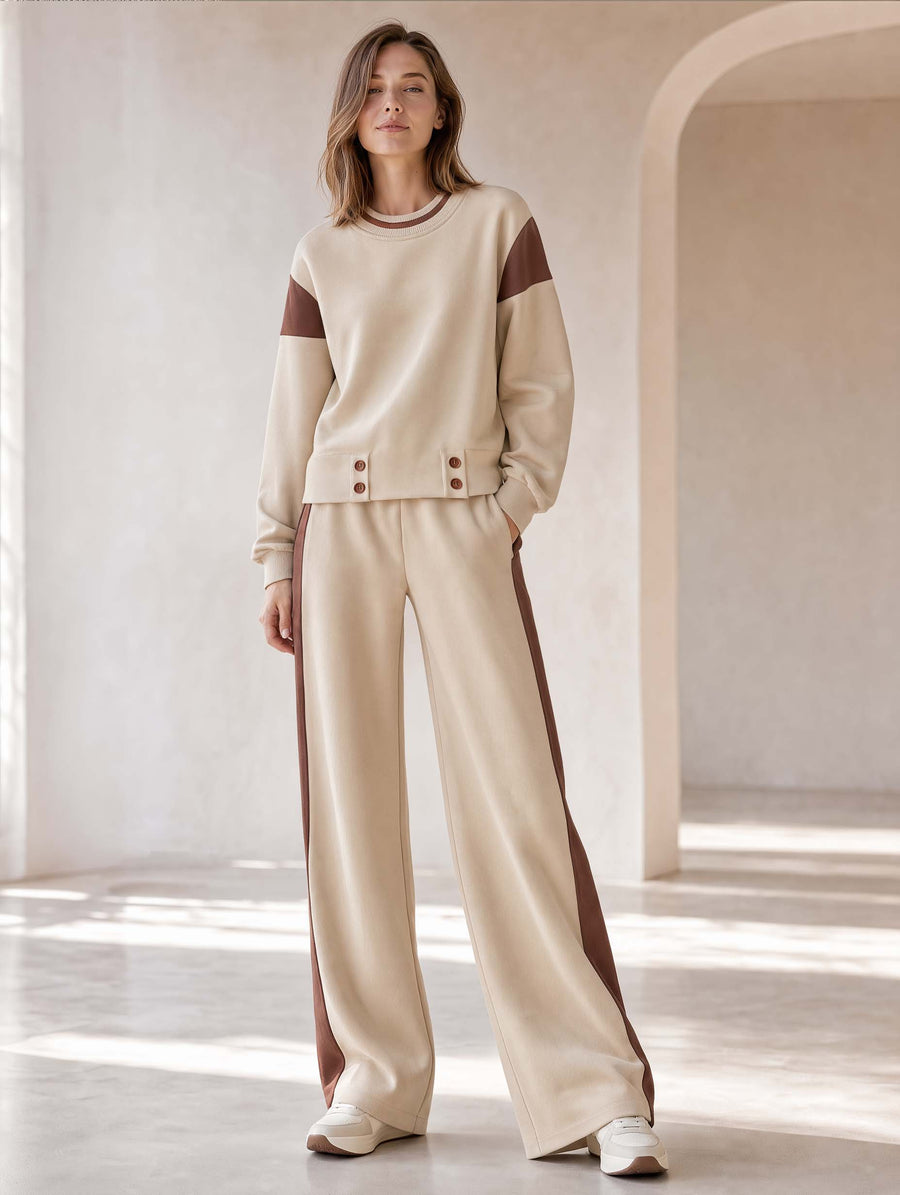 Stylish Khaki Color-Block Long-Sleeve Top And Wide-Leg Pants Set