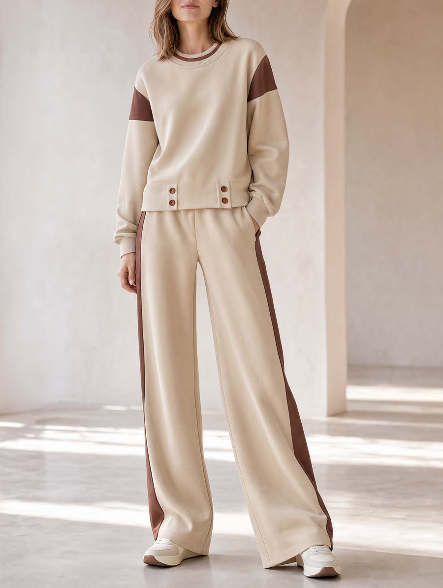 Stylish Khaki Color-Block Long-Sleeve Top And Wide-Leg Pants Set